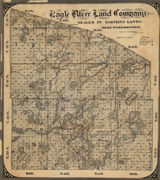 This 1908 map shows the town and range grid, sections, cities and villages, acreages, settlers, schools, wagon roads, railroads, saw mills, and lakes, streams, and wetlands in eastern Vilas, northwestern Forest, and northeastern Oneida counties, Wisconsin. 

