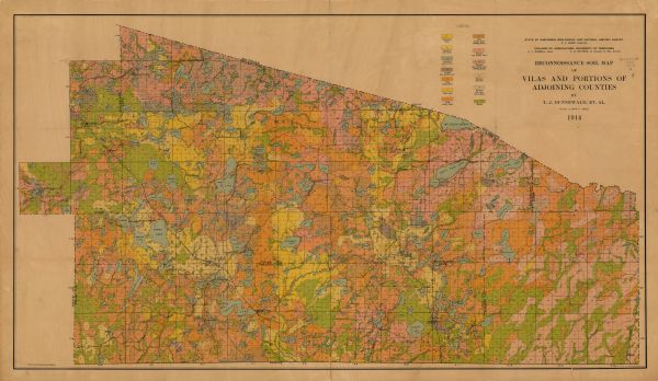 This 1914 map shows the soil types in Vilas County, Wisconsin, and adjoining areas in Oneida, Forest, and Iron counties. Also depicted are the township and range grid, sections, cities and villages, railroads, roads, and lakes and streams.