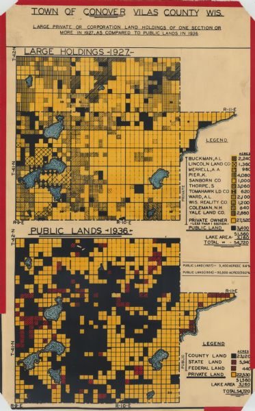 These two maps of the Town of Conover, Vilas County, Wisconsin, show private land holdings of a section or more as of 1927 and public lands in 1936. Acreages are given for both. Between 1927 and 1936, public lands in the town increased nearly nine-fold, from 3,400 acres to 30,500 acres. 
