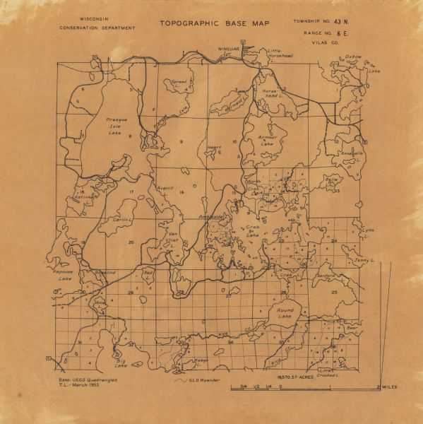 This Wisconsin Conservation Dept. map shows sections, roads, rivers, and lakes in the Town of Presque Isle, Vilas County, Wisconsin as of March 1953. It does not show topography.