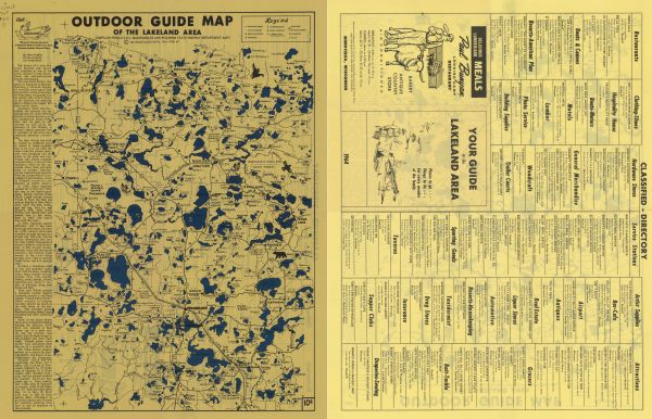 This 1964 maps shows roads, boat landings and marinas, campgrounds, canoe trails and portages, and lakes and streams in parts of Vilas, Oneida, and Iron counties, Wisconsin. Descriptive text is printed in the left margin and a classified business directory is printed on the verso.