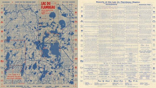 This 1968 map identifies resorts in the Lac du Flambeau Indian Reservation region of Wisconsin, covering parts of Iron, Vilas, Oneida, and Price counties. Snowmobile and hiking trails, highways and roads, and lakes, streams, and marshes are shown. A directory of resorts and merchant advertisements are printed on the verso and Indian symbols are shown in the margins on both sides of this map. 
