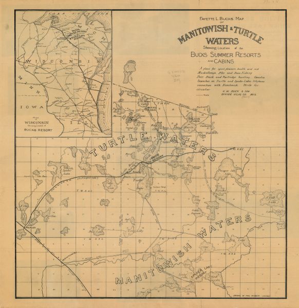 This early 20th century map identifies the locations of the Divide Resort and Spider Lake Resort in Vilas County, Wisconsin. Also shown are trails, stage lines, telephone lines, railroads, and lakes and streams in northwestern Vilas and northeastern Iron counties. An inset map shows the location of the resorts and rail lines in Wisconsin.
