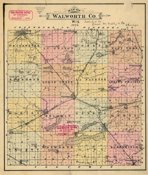 This late 19th century map of Walworth County, Wisconsin, shows the township and range grid, towns, sections, villages and post offices, roads, railroads, schools, churches, cheese factories, mills, cemeteries, and lakes and streams.