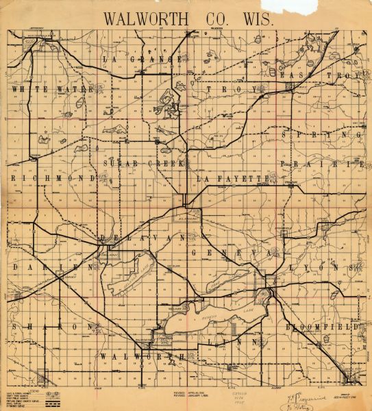 This 1935 map of Walworth County, Wisconsin, shows the township and range grid, towns, sections, cities and villages, highways and roads, railroads, schools, and lakes and streams. Manuscript additions give percentages for total voting and Progessive votes cast for localities. 
