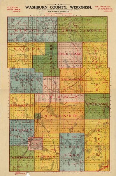 This 1909 revision of Harmon's 1896 map of Washburn County, Wisconsin, shows the township and range grid, towns, sections, schools, wagon roads, cities and villages, settlers including those located since 1896, post offices, railroads, and lakes, streams, and wetlands. Shows schools, wagon roads, settlers located since May 1896, post offices, and townships. 'May 1896.' 'Drafted by Geo. W. Harmon, surveyor, Spooner, Wis.'