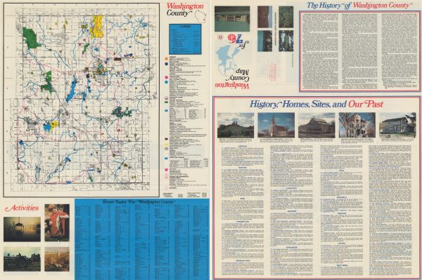 This 1976 map of Washington County, Wisconsin, shows towns, cities and villages, highways and roads, existing and proposed county trails, and various public accommodations and tourist attractions. A street index, location map, and illustrations are included. A short history and a guide to historic sites in the county are printed on the verso.