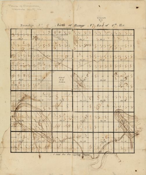 This 19th century manuscript map of the Town of Oconomoc, Waukesha County, Wisconsin, is drawn on a printed township grid. It shows landownership and lakes and streams in the town as well as proposed canal routes.
