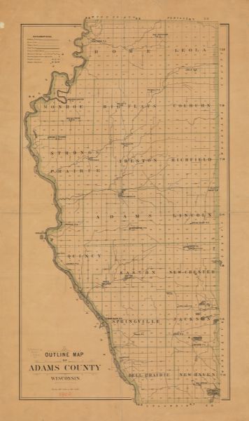 This map of Adams County, Wisconsin, from E.B. Foote's Plat book of Adams County, Wisconsin, 1900, shows the township and range grid, towns, sections, cities, villages and post offices, wagon roads, railroads, proposed railroads, buildings, and lakes, streams and springs.