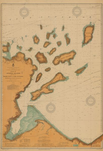This 1909 chart of the Apostle Islands, Chequamegon Bay, and the Lake Superior shoreline shows relief by contours and spot heights and depths by contours, gradient tints and soundings. It includes printed compasses, notes on authorities, latitudes, longitudes, soundings, water areas and depths, magnetic variations, water elevations, sailing directions, abbreviations, scales, and opening and closing of navigation. Also shown are lighthouses, docks at Ashland and other locations, railroads, roads, quarries, businesses, shoreline vegetation, and streams flowing into Lake Superior. 
