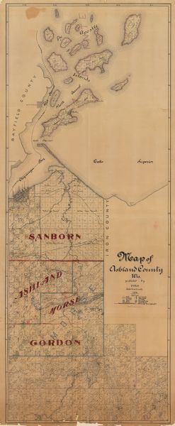 This 1898 map of Ashland County, Wisconsin, shows the township and range grid, towns, sections, cities and villages, landownership, roads, railroads, swamps, lakes, rivers, government lands, state lands, saw mills, homestead entries, schoolhouses, lighthouses, the docks at Ashland, and the Bad River Indian Reservation. 
