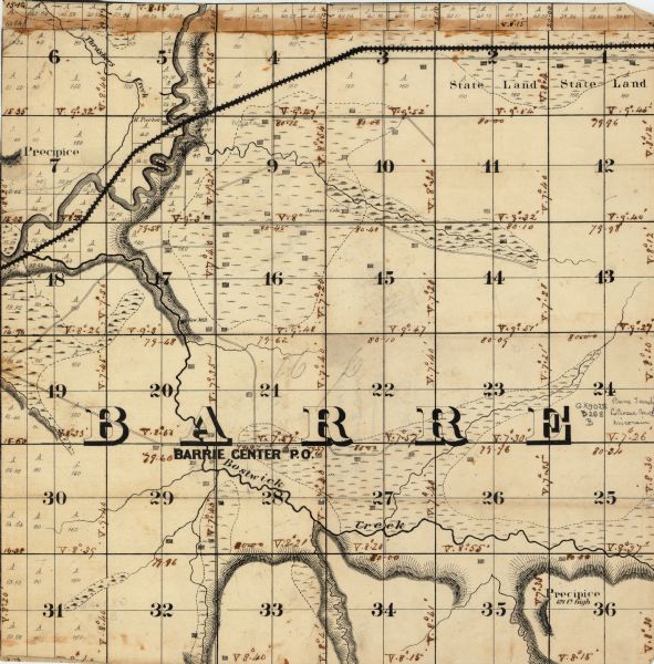This late 19th century map shows sections, state lands, Barre Center P.O. (now Barre Mills), railroads, topography, and streams and wetlands in the Town of Barre and the southern portion of the Town of Hamilton, La Crosse County, Wisconsin.

