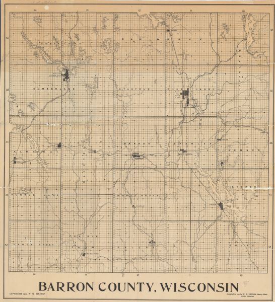 This 1901 map of Barron County, Wisconsin, shows the township and range grid, towns, cities and villages, roads, railroads, and lakes and streams.