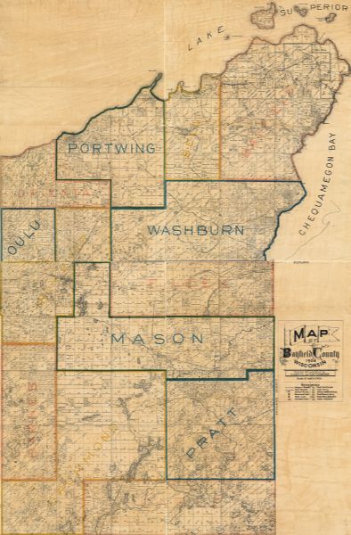 This 1906 map of Bayfield County, Wisconsin, shows towns, sections, cities, villages and post offices, land ownership, wagon roads, railroads, schools, government lands, state lands, residences, references to homestead entries, final certificates, cash entries, soldiers additional scrips, forest reserve scrips, timber and stone applications, and Indian allotments, and lakes, streams and wetlands.