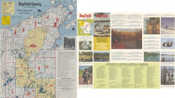 This tourist brochure for Bayfield County, Wisconsin, from 1967 includes a map of the county showing towns, cities and villages, highways and roads, railroads, Chequamegon National Forest, churches, cheese factories, fire lookouts, schools, airfields, ranger stations, lighthouses, fish hatcheries, historic sites, campgrounds, lakes and streams, an inset highway map of Wisconsin with a distances list, and a directory of campsites and picnic sites. Color photos, another inset map of Wisconsin, a directory of resorts and hotels, and tourist information are printed on the verso.