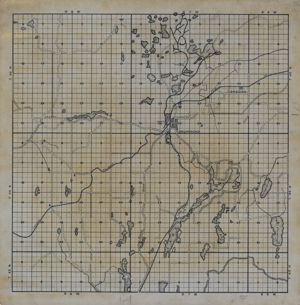This manuscript map of southern Bayfield County, Wisconsin, covers the towns of Cable and Drummond and portions of Grandview and Namekagon. Shown are the township and range grid, sections, villages, roads, logging railroads, and lakes and streams.