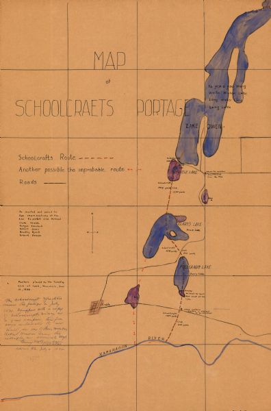 This manuscript map shows the route traveled by the Schoolcraft expedition in July 1831 between the Namekagon River and Lake Owen in the Town of Cable, Bayfield County, Wisconsin. Also shown are roads, the locations of markers placed by the Tuesday Club of Cable in June 1936, and another possible route taken by Schoolcraft.