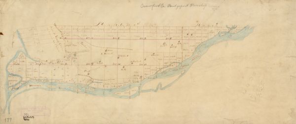 This 19th century manuscript map shows land claims near the confluence of the Wisconsin River with the Mississippi River in the Town of Bridgeport, Crawford County, Wisconsin. Acreages are given and the locations of houses and roads are shown.