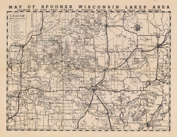 This 1941 map covers Washburn County, Wisconsin, as well as western Sawyer, eastern Burnett, and northeastern Polk counties. It shows the locations of tourist attractions, natural landmarks, lakes and streams, cities and villages, highways and roads, trails, railroads, resorts, schools, golf courses, stores with gas, and taverns.