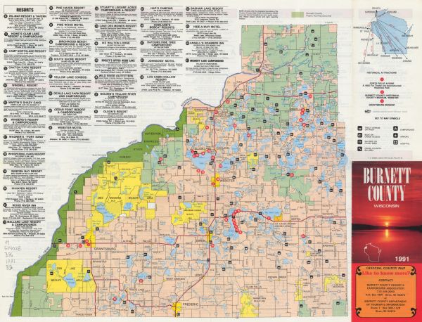 This 1991 map of Burnett County, Wisconsin, shows Governor Knowles State Forest, wildlife areas, public hunting grounds, and other outdoor recreation facilities. It includes a location map with distances as well as indexes of historical attractions and advertisements for resorts and accommodations shown on the map.