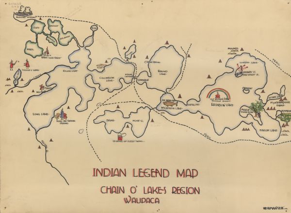 This pictorial map shows sites related to Indian legends, mounds, and trails in the Chain O' Lakes region in southwestern Waupaca County, Wisconsin.
