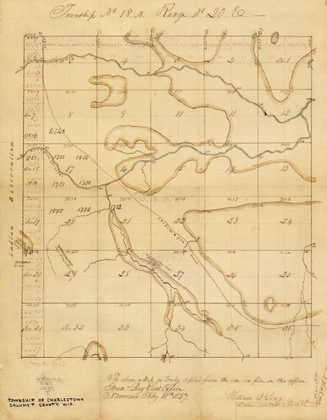 This manuscript map, copied in 1837 from a map in the Green Bay Land Office, Navarino, shows sections, the Shebowegan Trail, sandstone ledges, rivers, streams, and wetlands in the Town of Charlestown, Calumet County, Wisconsin.