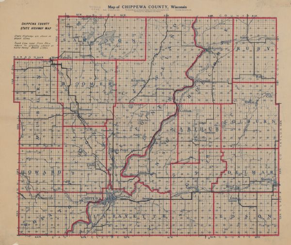 This early 20th century map of Chippewa County, Wisconsin, shows the township and range grid, towns, sections, cities and villages, roads, railroads, schools, and lakes and streams. Rural routes and state highways are both indicated.