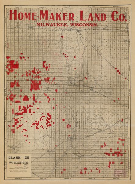 This early-20th century map of Clark County, Wisconsin, shows the township and range grid, sections, cities and villages, wagon roads, railroads, settlers, schools, and creameries and cheese factories. Land owned by the Home-Maker Land Co. of Milwaukee is shown in red.