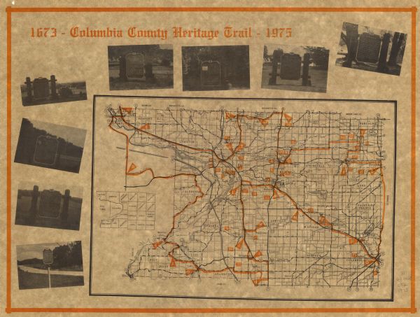 This 1975 road map of Columbia County, Wisconsin, shows the location of historic sites in the county but lacks a key to those sites. It includes an inset map of the civil towns in the county and photographs of historic markers.