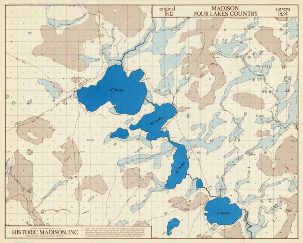 This 1974 map is a reproduction of the original survey maps of the Four Lakes region of Dane County, Wisconsin. It shows sections, lakes, rivers, wetlands, prairies, Indian trails, military roads, and mounds.
