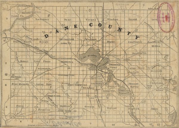 This mid-19th century map of Dane County, Wisconsin, shows the township and range grid, towns, sections, cities, villages and post offices, lakes and streams, roads, and railroads.