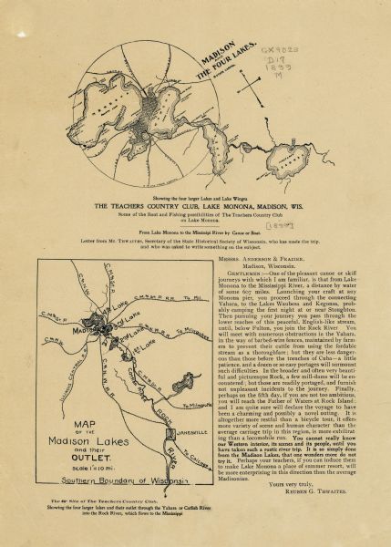 These two maps of Madison and the Four Lakes region show the site of the Teachers Country Club on Lake Monona, the lakes and the Catfish or Yahara River, features of the Madison area within a 5 mile radius of the state capitol, the location of Janesville, railroads, and points of interest. Accompanying text by Reuben G. Thwaites, Secretary of the State Historical Society of Wisconsin, describes boating from Lake Monona to the Mississippi River.