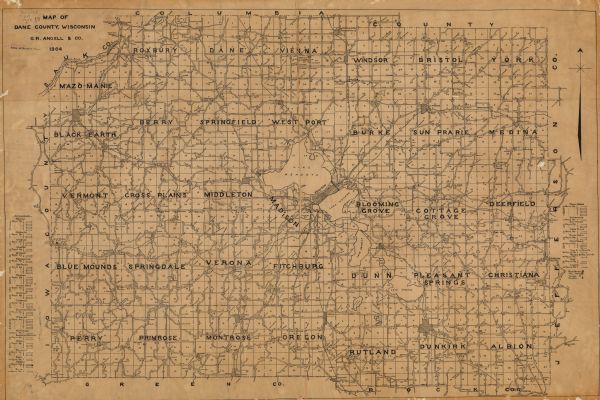 This 1904 map of Dane County, Wisconsin, shows postal routes, post office locations, towns, sections, cities and villages, roads, railroads, collection boxes, schools, churches, and lakes and streams. Some rural property owners are identified.