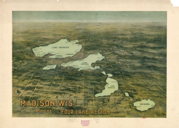 This 1909 bird's-eye view of Madison and the surrounding Four Lakes region shows roads, railroads, selected buildings in Madison, and points of interest around the lakes. 
