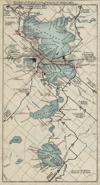 This map of the Four Lakes region shows points of interest around the lakes, state trunk highways and other roads, railroads, and lakes and streams. Manuscript annotations indicate the "Winnebago names of the creeks flowing into the Madison Lakes from early Wisconsin Surveyors Map at Milwaukee Co. Old Settlers Club."