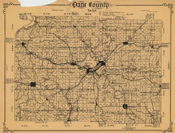 This 1925 map of Dane County, Wisconsin, issued by the Madison Association of Commerce shows the township and range grid, towns, sections, cities and villages, state trunk highways, county roads, township roads, railroads, and lakes and streams. Distances between Madison and other cities are listed in the margins.