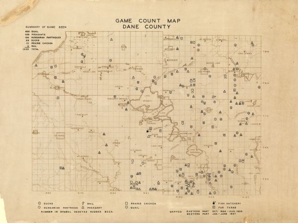 This map of Dane County, Wisconsin, shows the locations and number of ducks, rails, prairie chickens, Hungarian partridges, pheasants, and quails seen in surveys done between October 1934 and June 1937. Fish hatcheries and fur farms are also indicated and a summary of the game birds seen in the surveys is provided.
