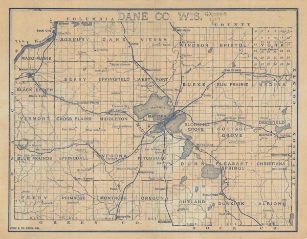 This late-19th century map of Dane County, Wisconsin, shows the township and range grid, towns, sections, cities and villages, lakes and streams, roads, and railroads.