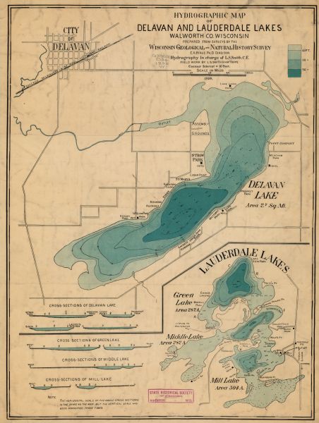 This map shows the contour depths of Delavan Lake and the Lauderdale Lakes in Walworth County, Wisconsin, and includes nine cross sections of the lakes. Roads, railroads, parks, and hotels in the area are shown, as is the city of Delavan.