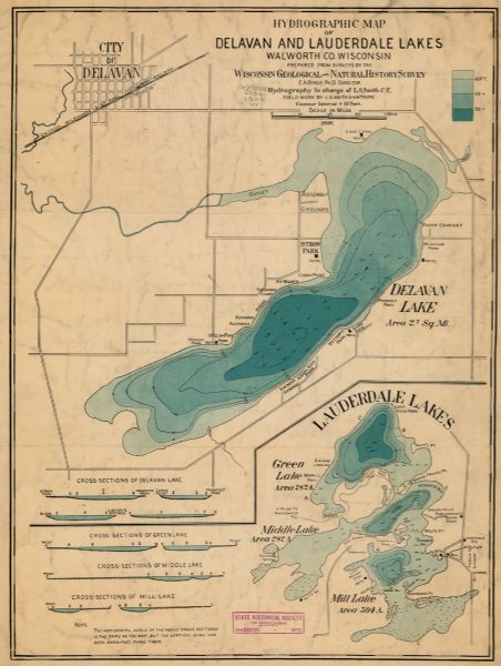 Hydrographic Map of Delavan and Lauderdale Lakes, Walworth County Wisconsin  Map or Atlas 