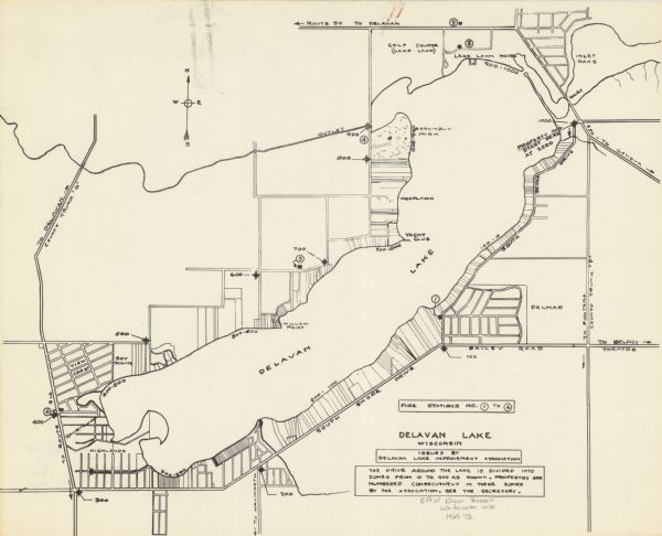 Shows roads, fire stations, golf course, and accommodations around Delavan Lake. "The drive around the lake is divided into zones from 0 to 900 as shown. Properties are numbered consecutively in these zones by the Association."