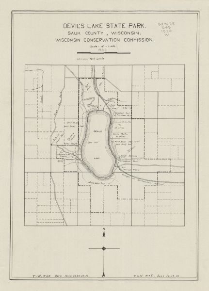 This map of Devil's Lake State Park in Sauk County, Wisconsin, shows the park limits, railroads, roads, creeks, trails, and points of interest in the area. 
