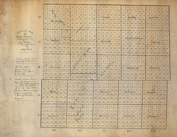 This manuscript map shows the township and range grid, towns, and sections in Dodge County, Wisconsin.