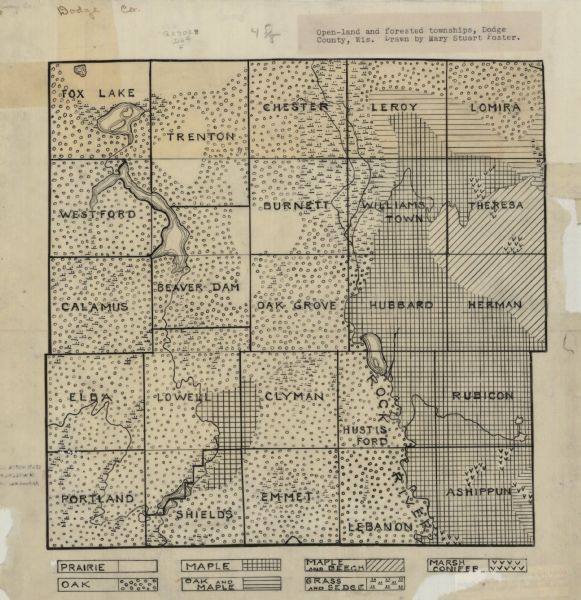 This early 20th century manuscript map shows prairie, maple, maple and beech, marsh conifer, oak, oak and maple, and grass and sedge areas by town in Dodge County, Wisconsin.