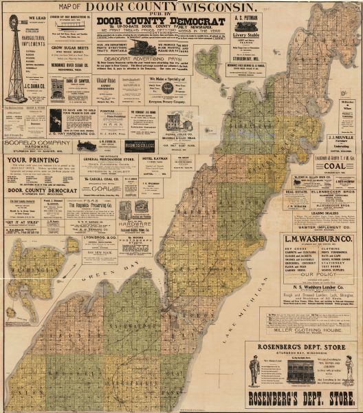 This early 20th century map of Door County, Wisconsin, shows the township and range grid, towns, sections, cities and villages, landownership and acreages, roads, railroads, churches, schools, cemeteries, cheese factories, creameries, piers, and lighthouses. Advertisements are printed in the margins.
