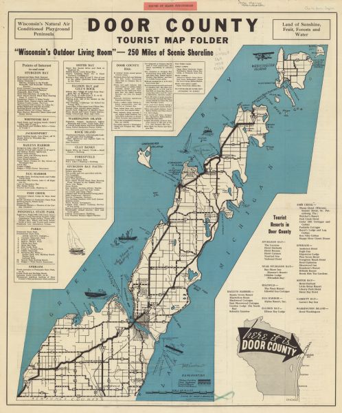 This tourist map of Door County, Wisconsin, lists the points of interest and resorts in the area. An inset location map is included.
