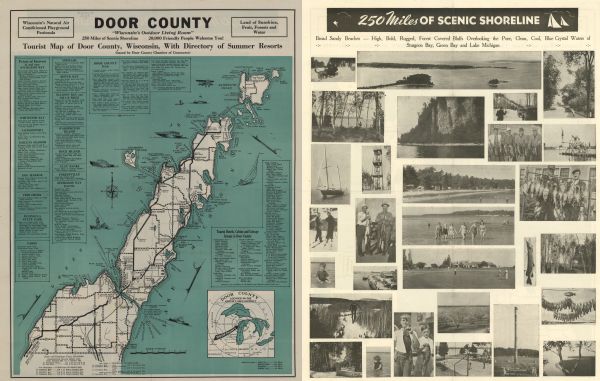 This tourist map of Door County, Wisconsin, lists the points of interest and tourist hotels, cabins and cottages in the area. Ferry schedules to Washington Island and Kewaunee are listed. An inset location map for Door County is included.
