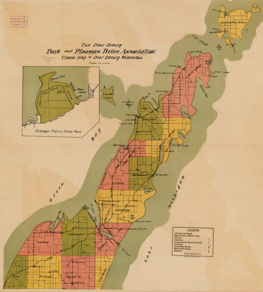This map of Door County, Wisconsin, from the early 20th century shows roads, schools, churches, creameries and cheese factories, orchards, docks, quarries, lighthouses, cities and villages, and towns. An inset map shows the "Enlarged plat of State Park" i.e. Peninsula State Park.
