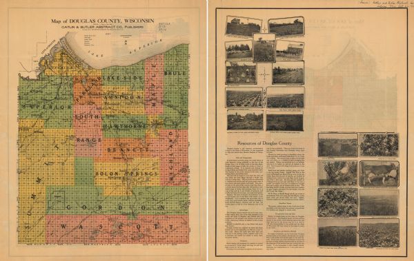 This 1914 map of Douglas County, Wisconsin, shows the township and range grid, towns, sections, cities and villages, roads, railroads, Indian trails, schools, churches, telephone lines, and lakes and streams. Text and photographs promoting agriculture in Douglas County are printed on the verso.
