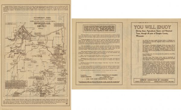 This 1938 tourist map of Douglas County, Wisconsin, identifies game refuges, fishing locations, and other outdoor recreation opportunities in the county. An index to resorts & tourist cabins is printed on the map and information promoting the area is printed on the verso.